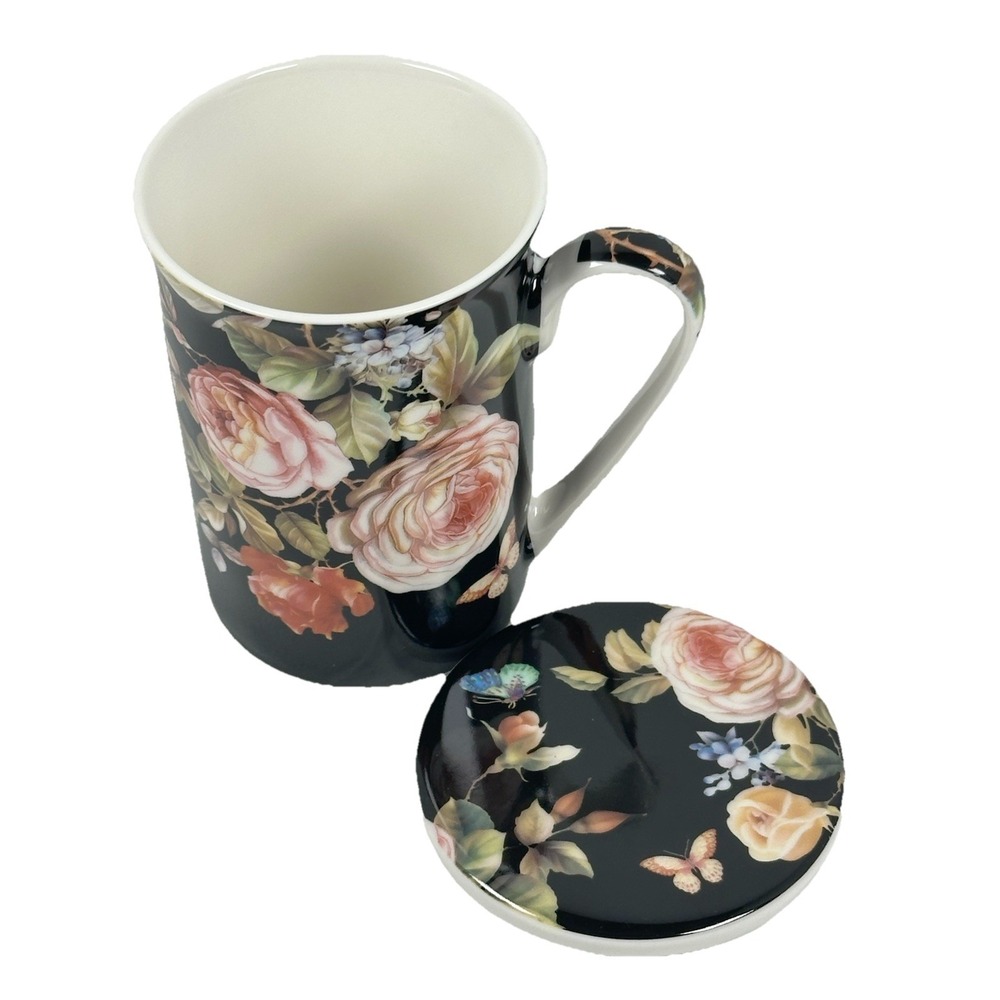 Kent Pottery Floral Rose Butterfly Mug Coaster Set Black Ceramic Gift Box